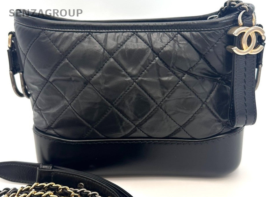 Chanel Gabrielle Calfskin PM Chain Shoulder Bag Black Gold Used Women Classic