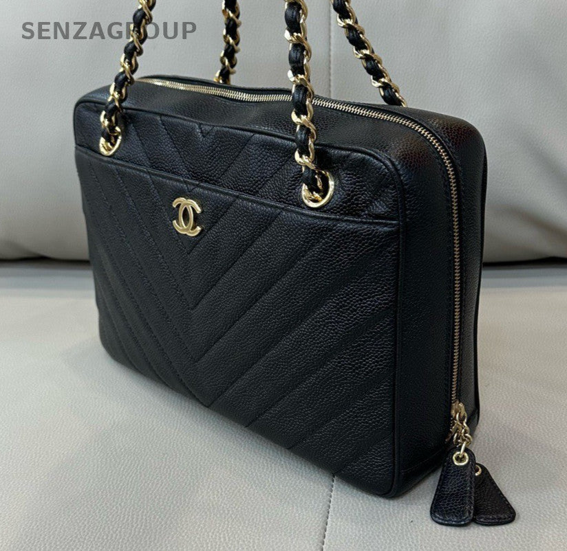 Chanel Camera PM Chain Shoulder Bag Black Gold Used Women Classic