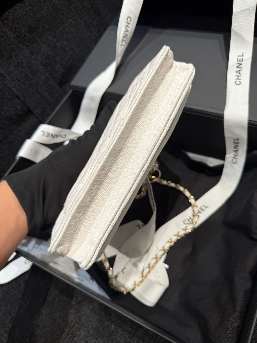CHANEL Quilted White Leather WOC Gold Hardware Crossbody Bag For Women