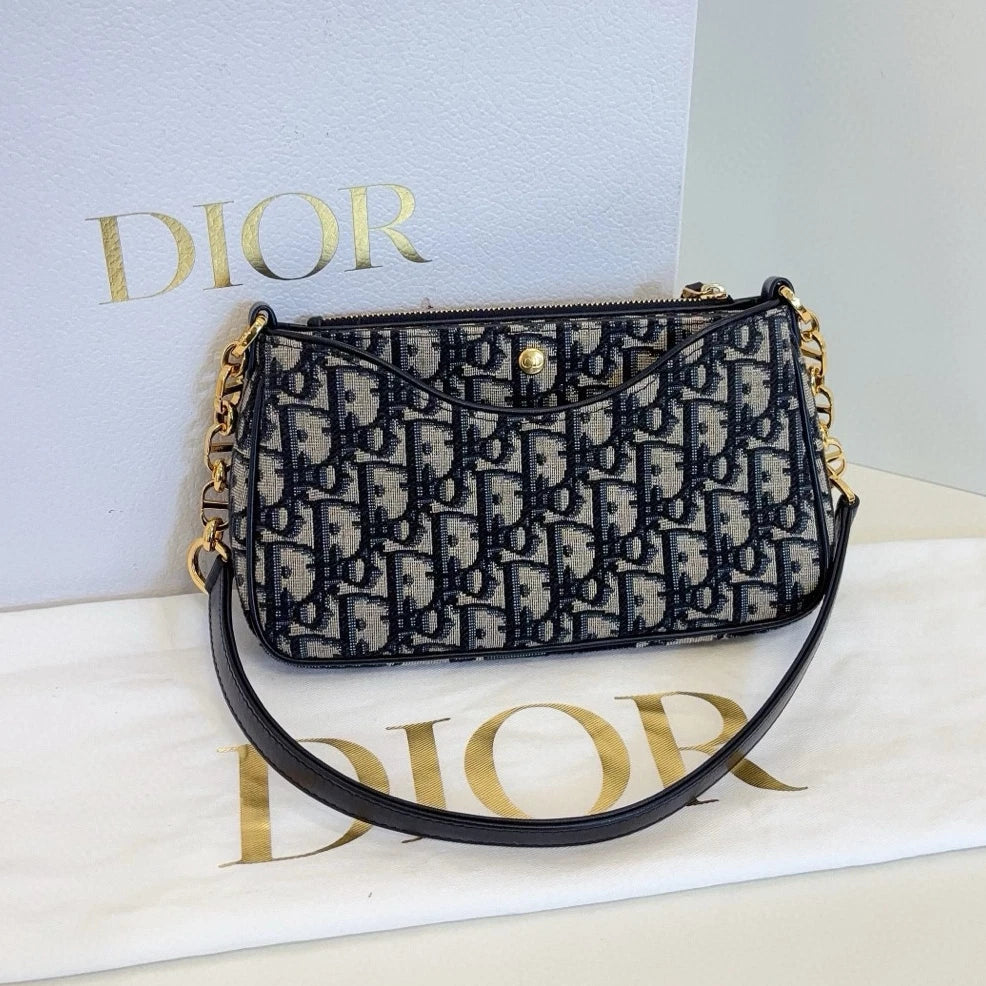 Christian Dior Hobo Avenue Canvas Shoulder Bag Blue Gold Used Women Classic