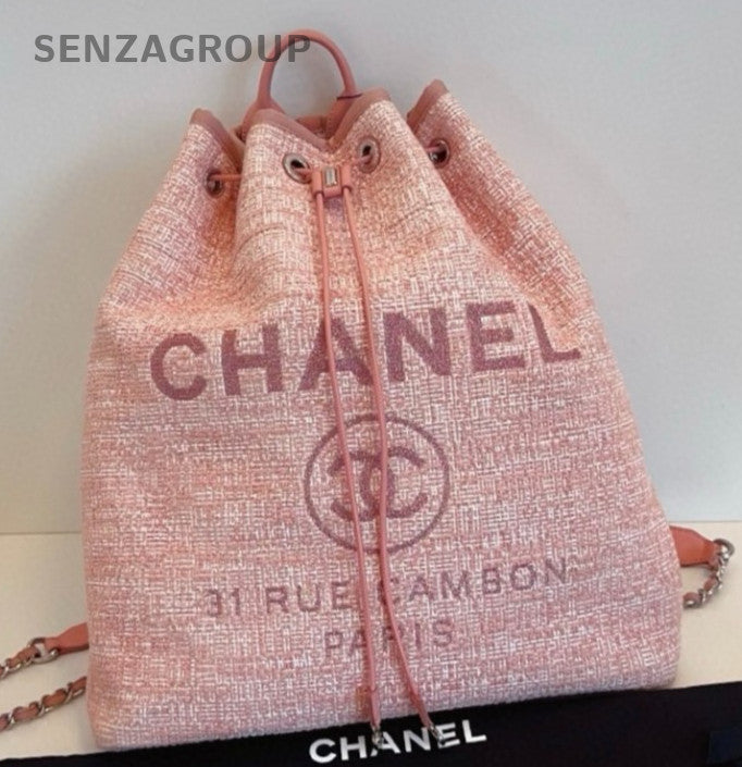 Chanel Canvas Calfskin Bucket Backpack Bag Pink Silver Used Women Classic