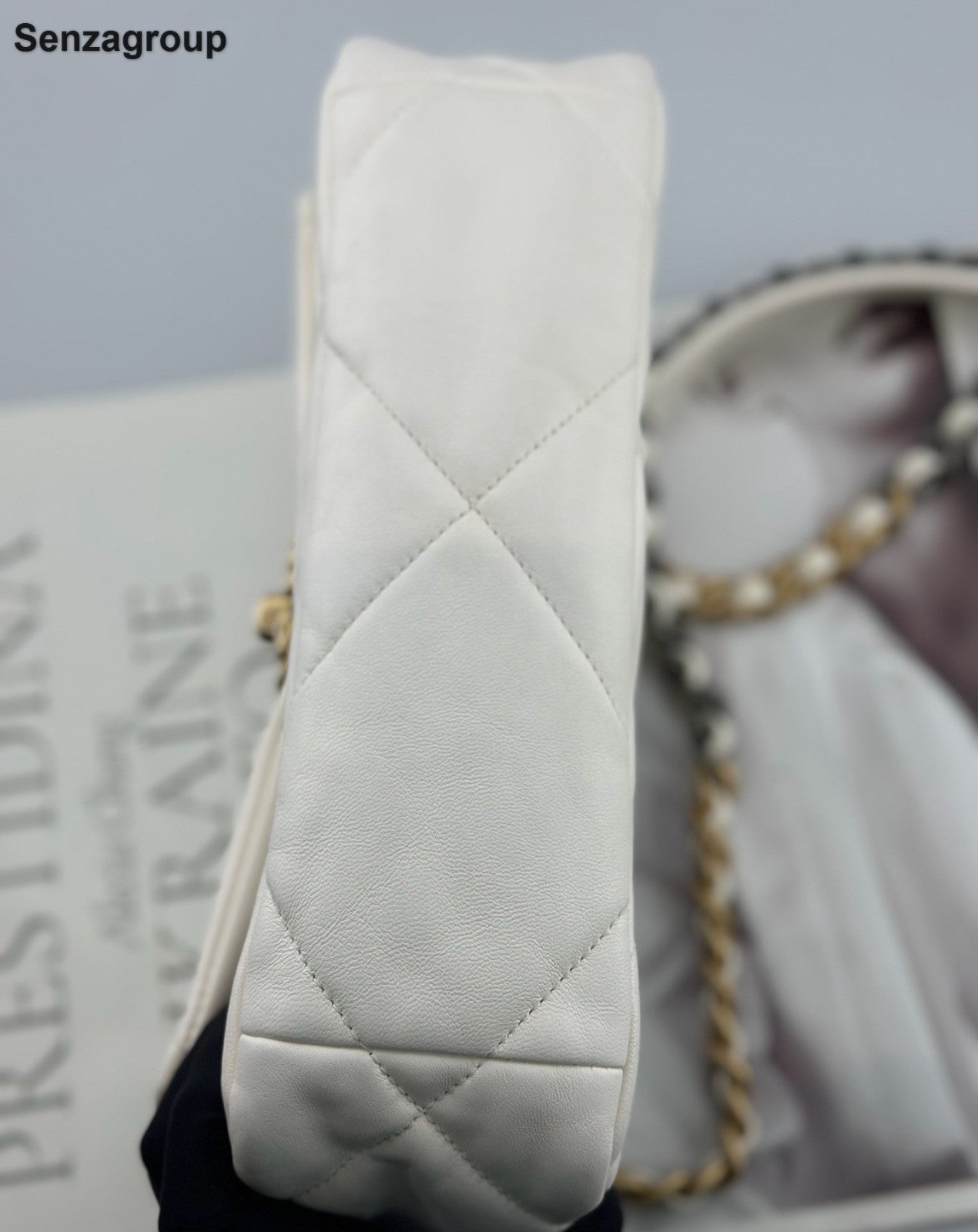 Chanel 19Bag PM Chain Top Handle Shoulder Crossbody White Gold Women Classic
