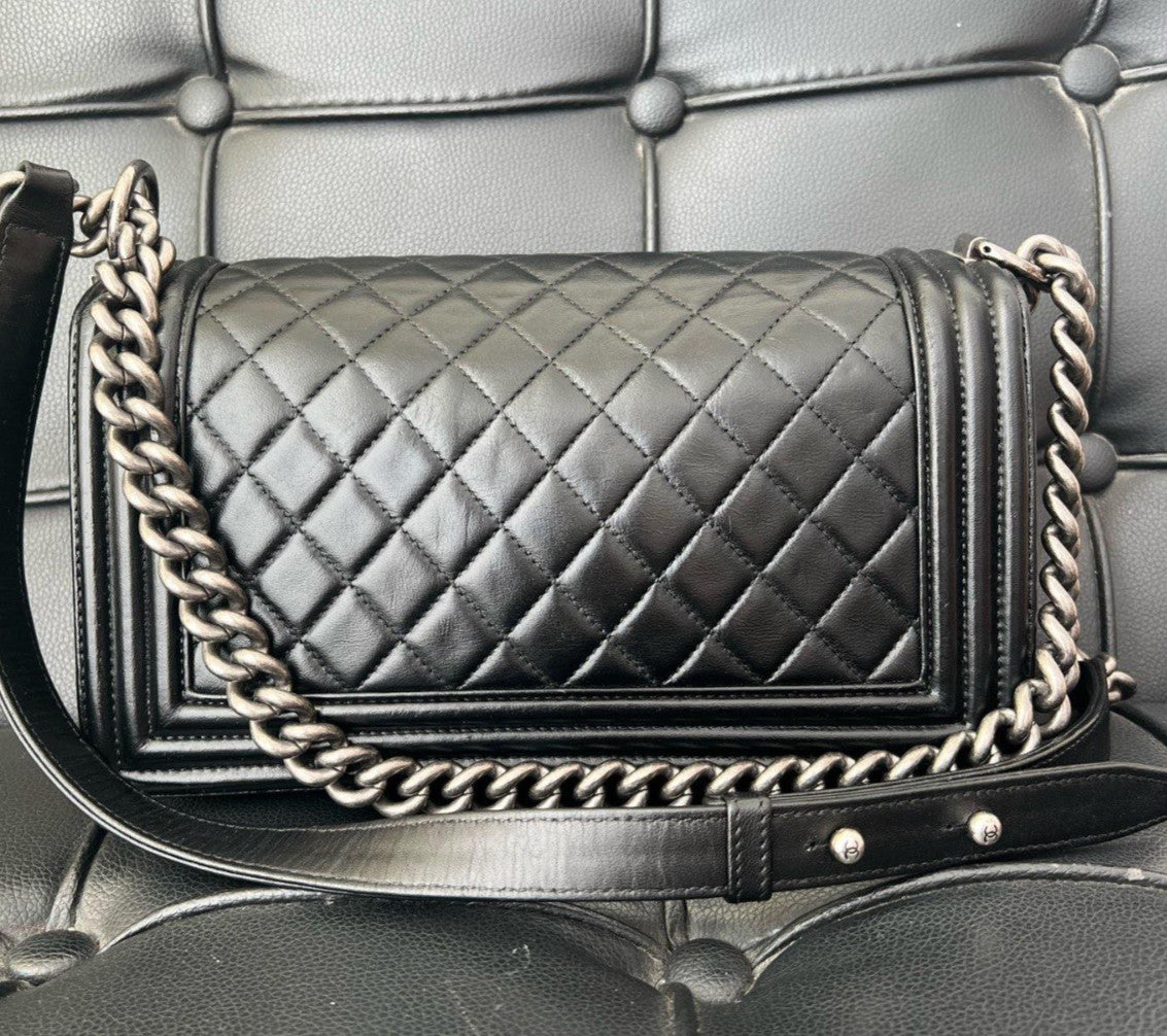 Chanel Leboy Lambskin Chain Shoulder Bag Crossbody Black Silver Classic Women