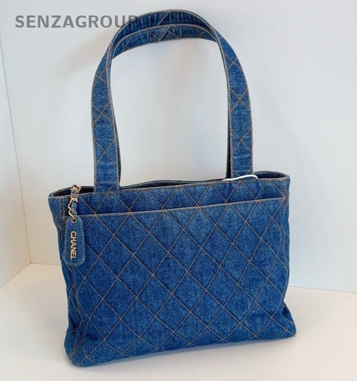 CHANEL Vintage Tote Denim Diamond Pattern Shoulder bag Blue Limited Edition