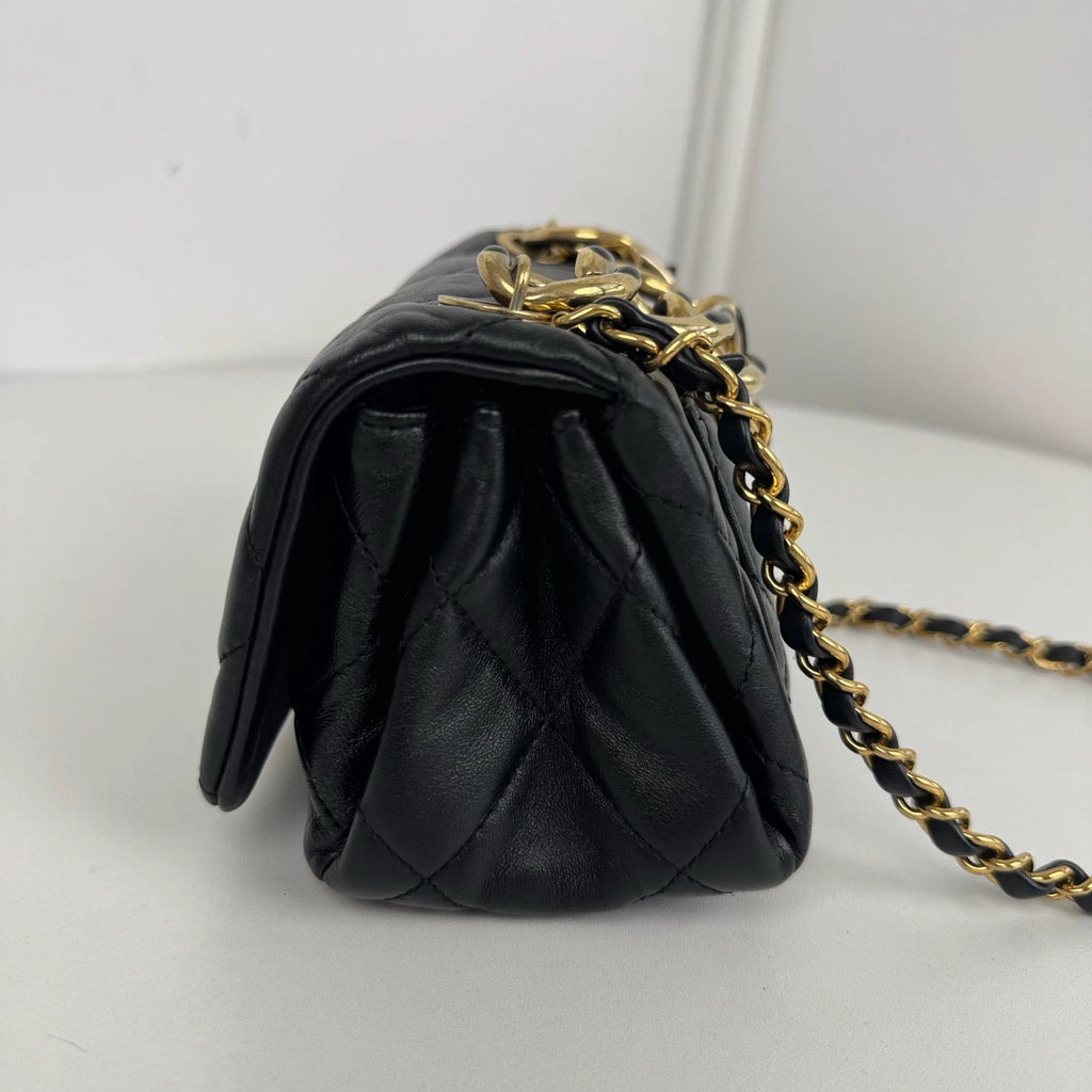 Chanel Diamond Mini Chain Shoulder Bag Crossbody Black Gold Women Classic