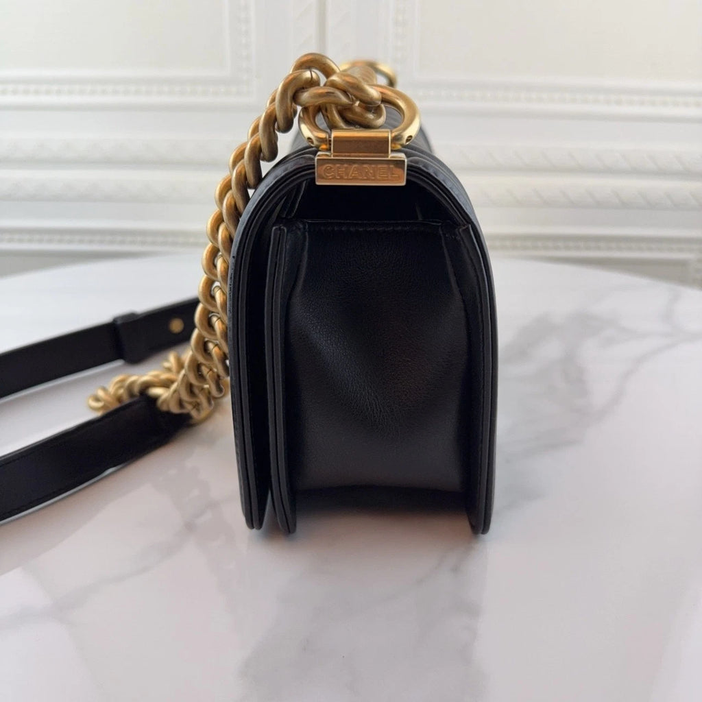 CHANEL LeBoy Small Black Leather Gold Hardware Shoulder Bag Women