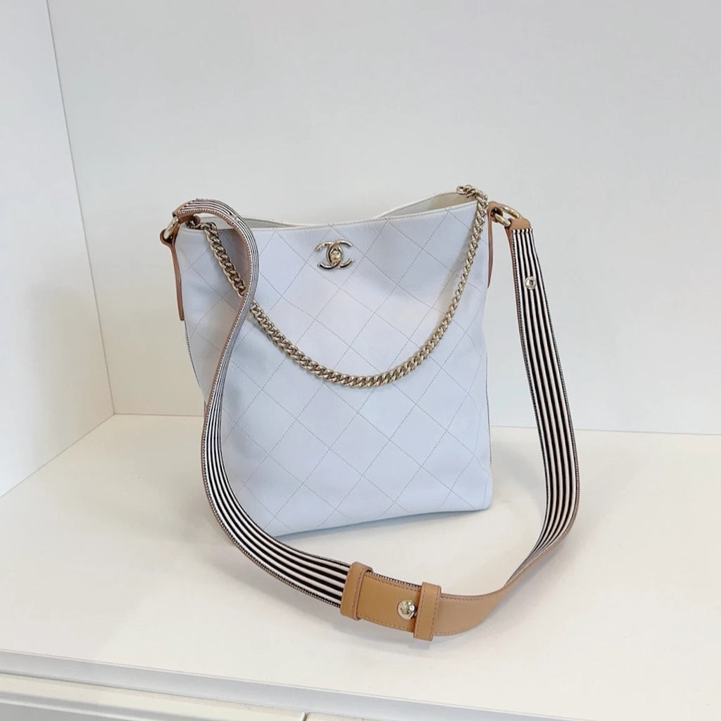 Chanel Calfskin Diamond Bucket Chain Shoulder Bag Crossbody White Gold Women