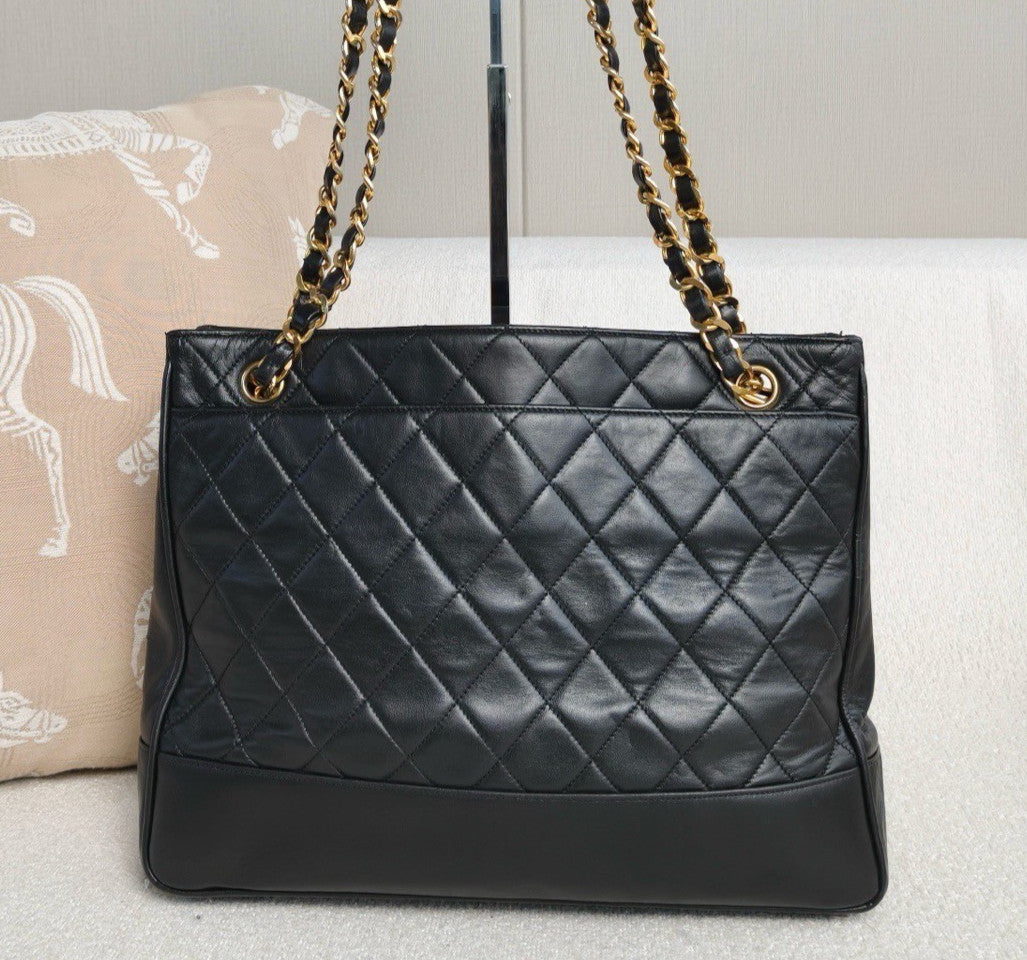 Chanel Diamond Chain Lambskin Black Gold Shoulder Bag Women Classic Vintage