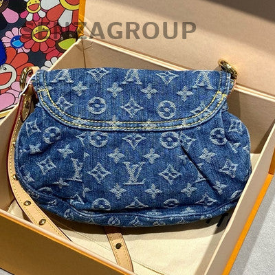 Louis Vuitton Denim Pochette Hobo Bag Blue Gold Print Women's Classic