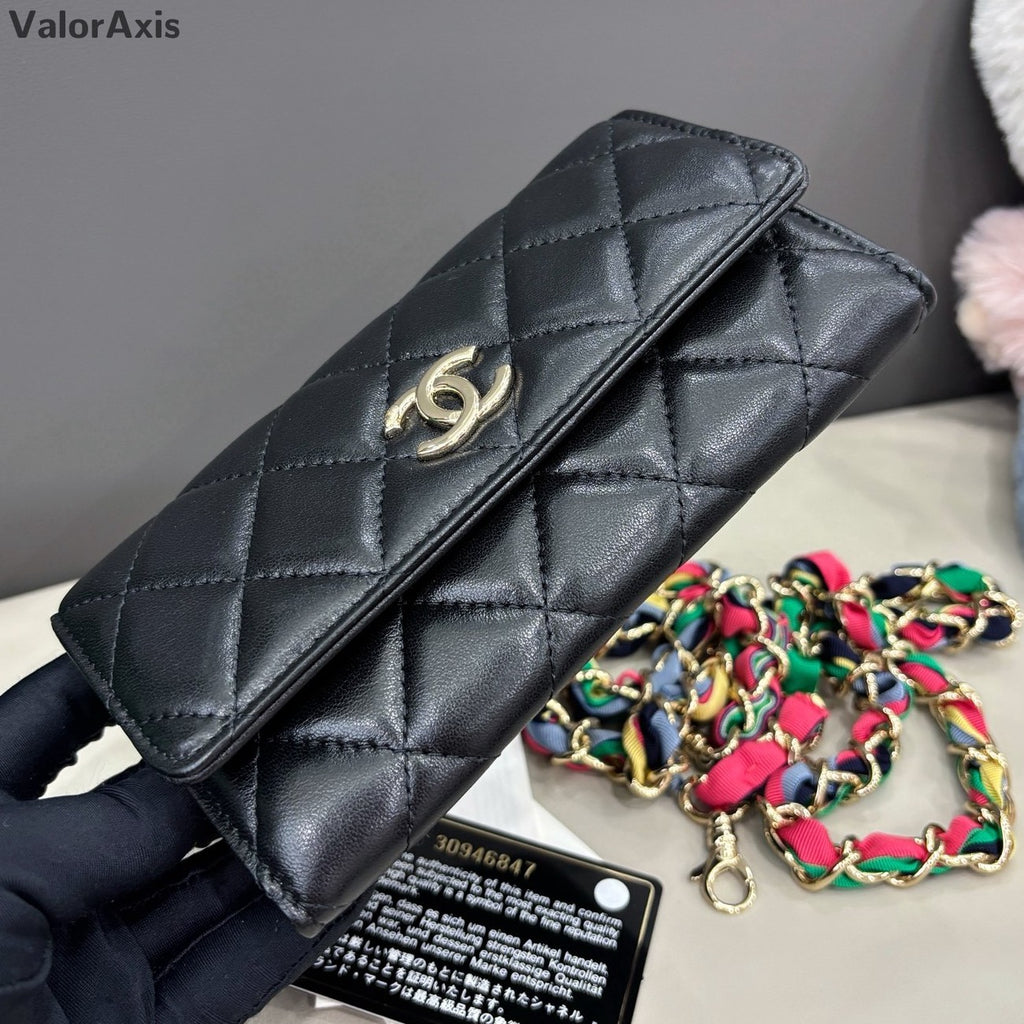 Chanel Diamond Lambskin Chain Crossbody Black Gold Women Classic