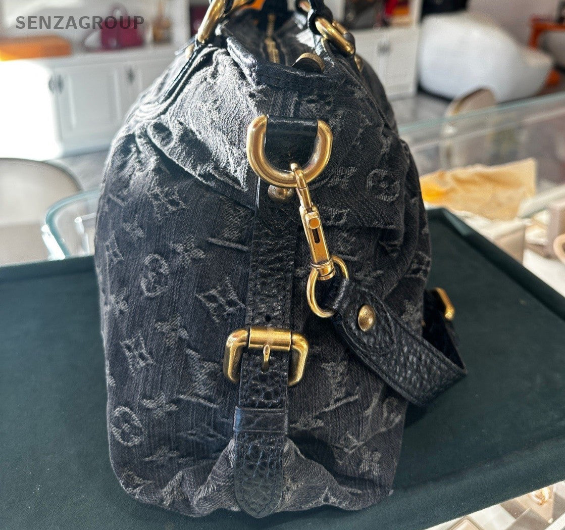Louis Vuitton Cabby Denim Monogram Top Handle Bag Crossbody Black Gold Women