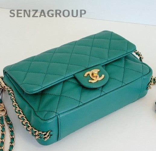 Chanel Classic Flap Mini Chain Shoulder Bag Crossbody Green Gold Women