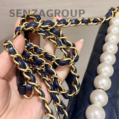 Chanel Classic Flap Blue Gold Pearl Chain Crossbody Bag - Women's Fashion