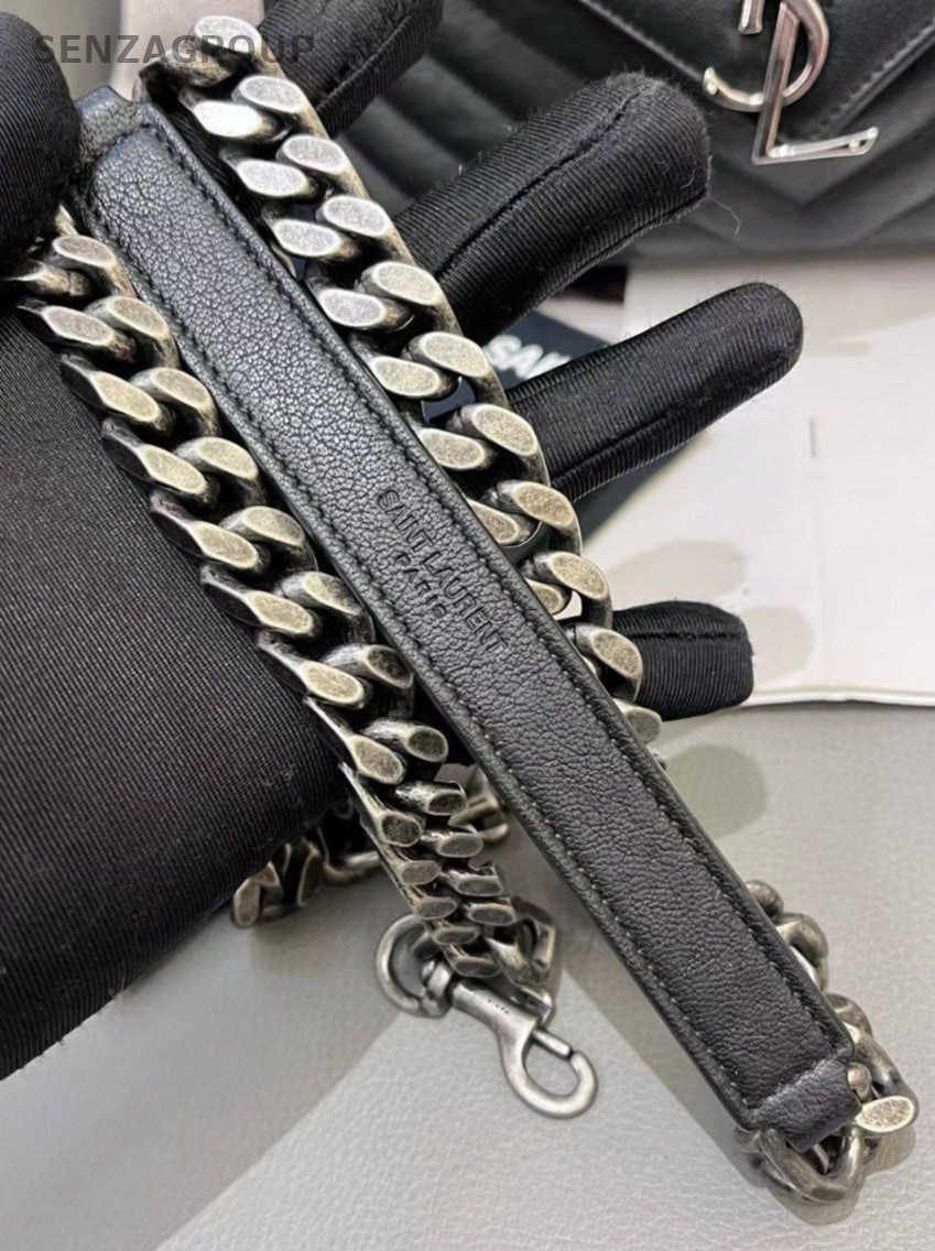 Saint Laurent College Calfskin Chain Shoulder Bag Black Silver Women Classic