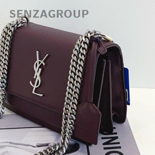 Saint Laurent Sunset Calfskin PM Chain Shoulder Bag Red Silver Women Classic