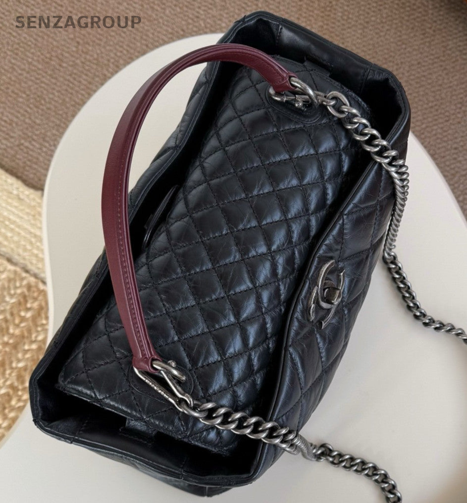 Chanel Calfskin Chain Diamond Top handle bag Shoulder Bag Black Silver Women