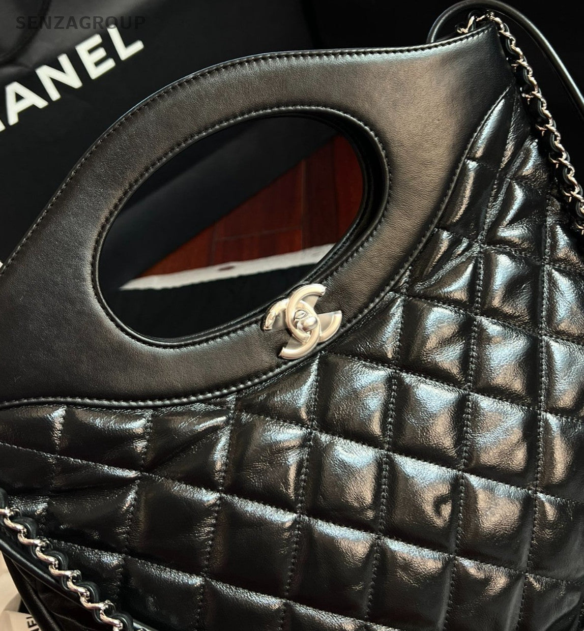 Chanel 31 PM Lambskin Diamond Top Handle Bag Chain Crossbody Black Silver Women