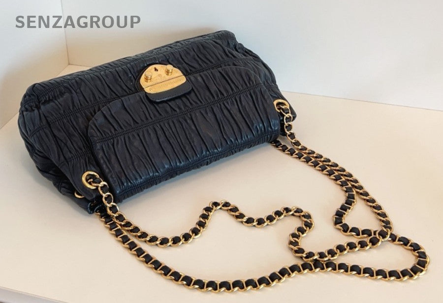 PRADA XXL Hobo Wrinkled patterns Chain Shoulder bag Black Gold Women