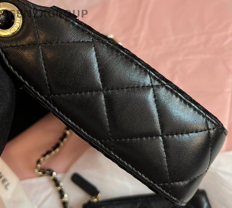 Chanel 25S Chain Lacework Shoulder Bag Black Gold Used Women Classic Designer