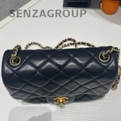 Chanel Classic Black Gold Quilted Mini Square Flap Bag with Ball Chain