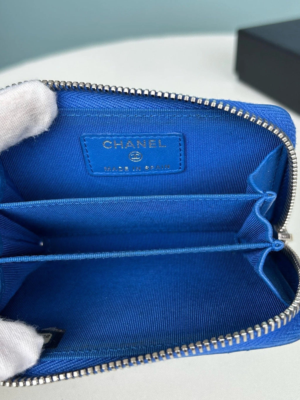 Chanel Diamond Lambskin Card Wallet Blue Silver Used Women Classic