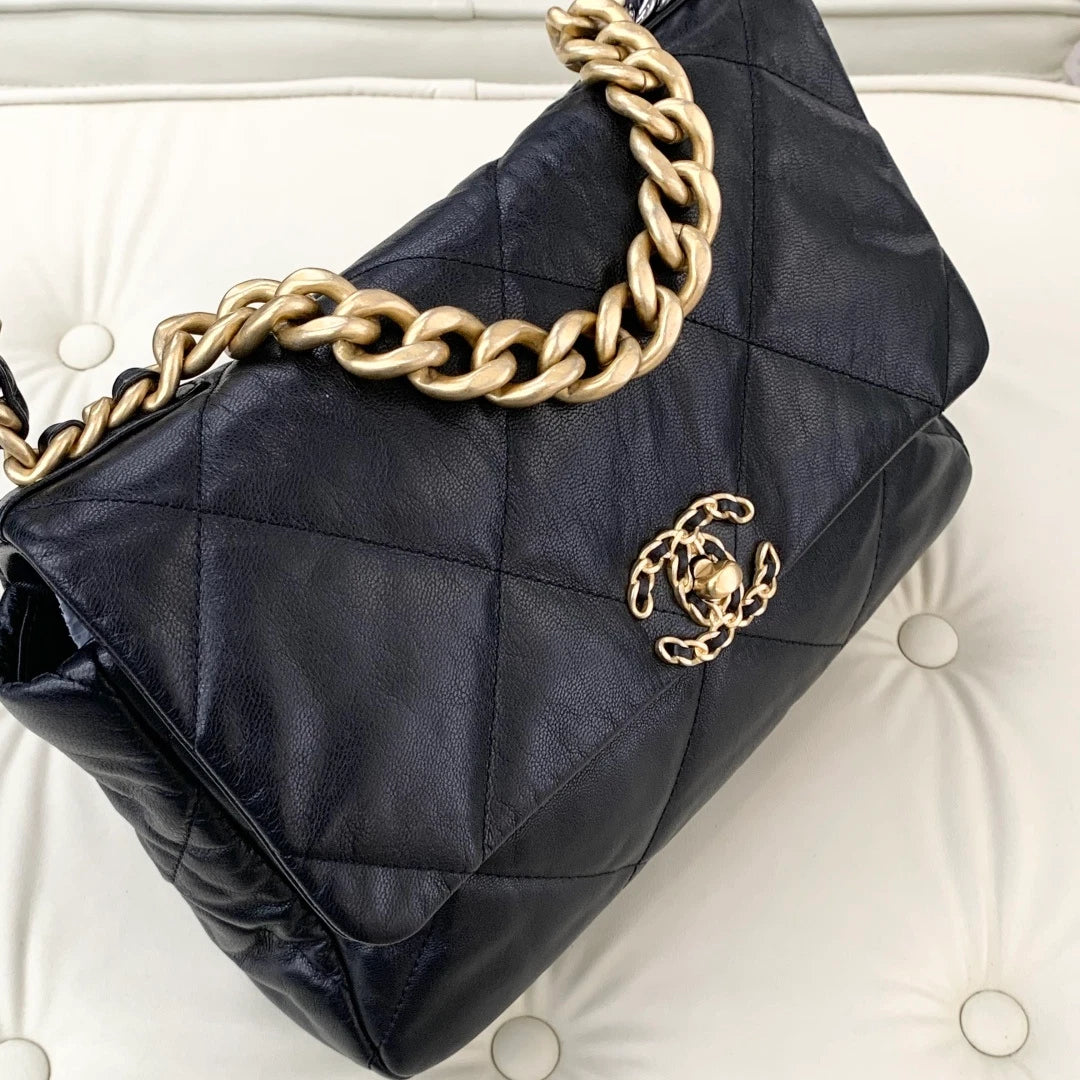 Chanel 19Bag MM Goatskin Chain Shoulder Crossbody Bag Black Gold Women S