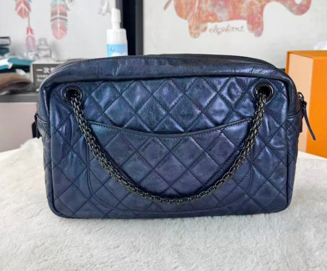 CHANEL 2.55 Camera bag Oil waxed leather Chain Shoulder bag Blue