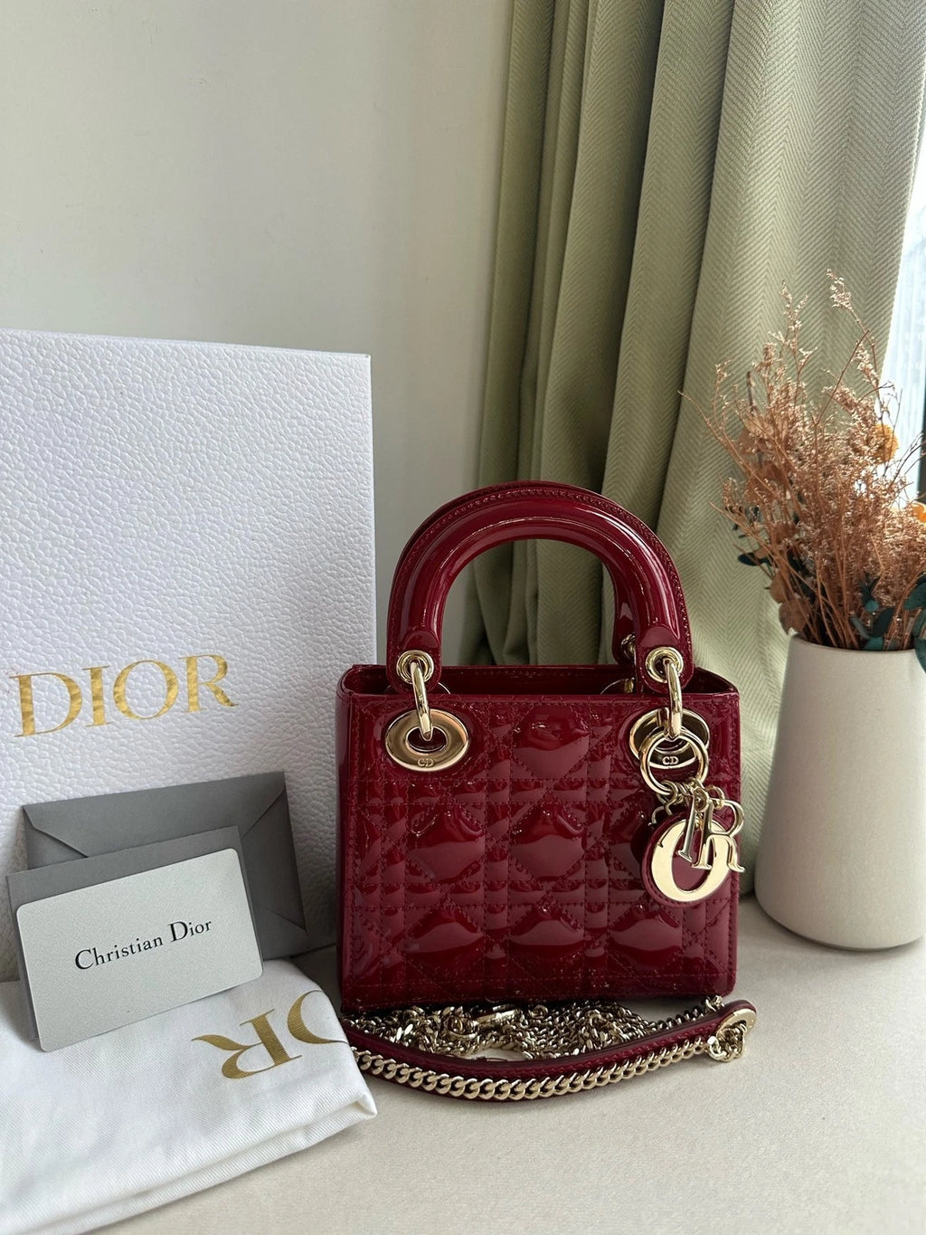 Dior Red Patent Leather 3-Grid Lady Dior Handbag For Women