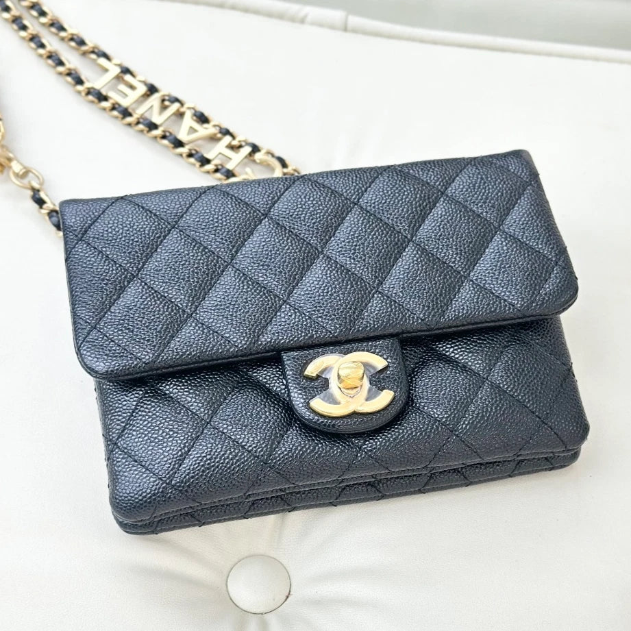 Chanel Diamond Calfskin Chain Crossbody Black Gold Women Classic S