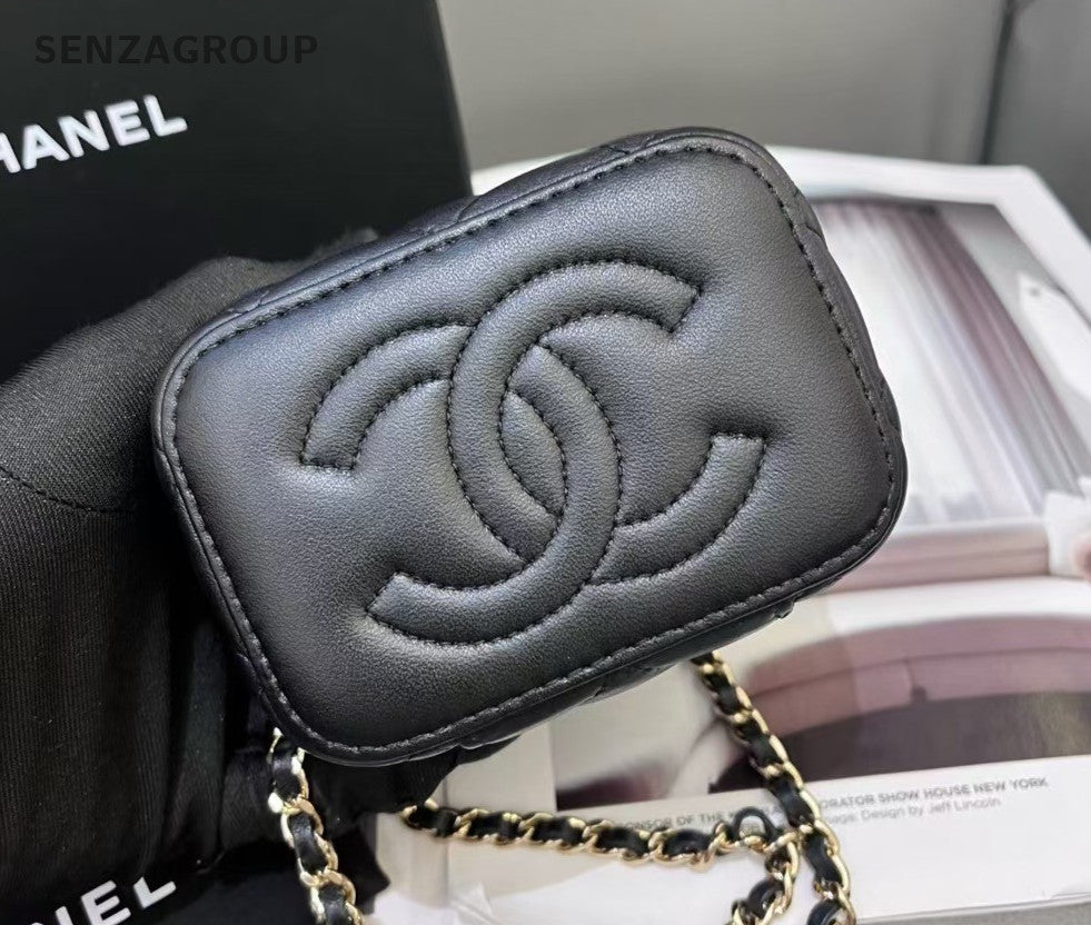 CHANEL Vanity mini Lambskin Top Handle Chain Shoulder Handbag Black Gold Women