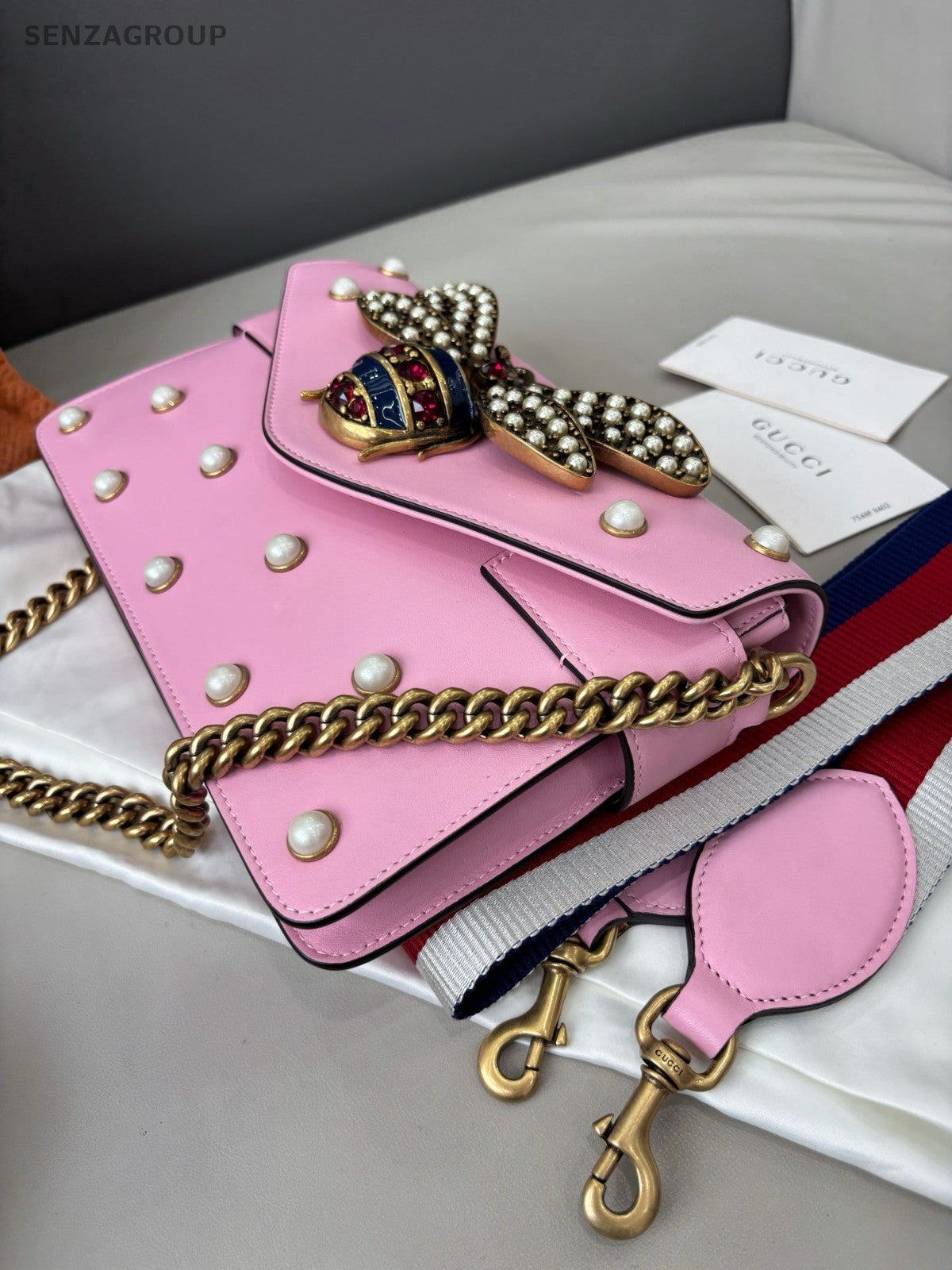 GUCCI Margaret Beer Pearl Chain Shoulder bag Crossbody Pink Women