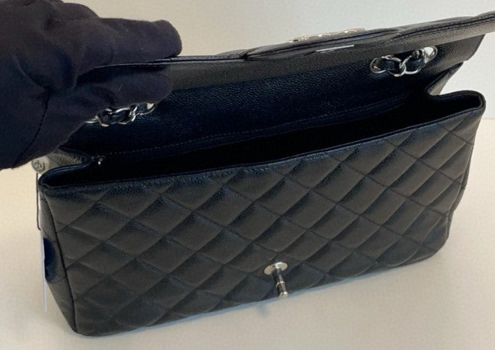 Chanel Classic Flap Jumbo Chain Shoulder Bag Black Silver Women Diamond Designer