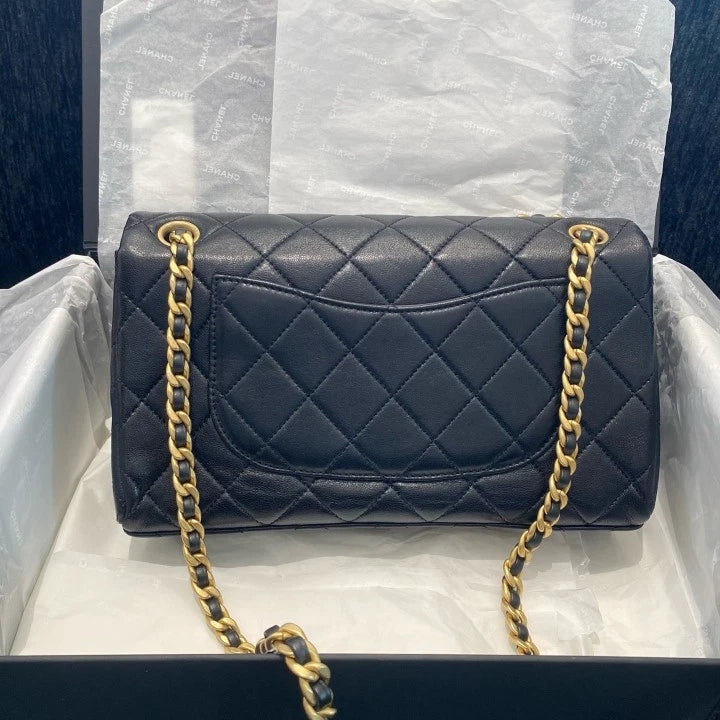 Chanel Classic Flap Lambskin Chain Shoulder Crossbody Black Gold Women Fashion D