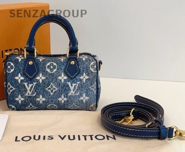 Louis Vuitton Speedy Nano Denim Top Handle Shoulder Crossbody Bag Blue Women