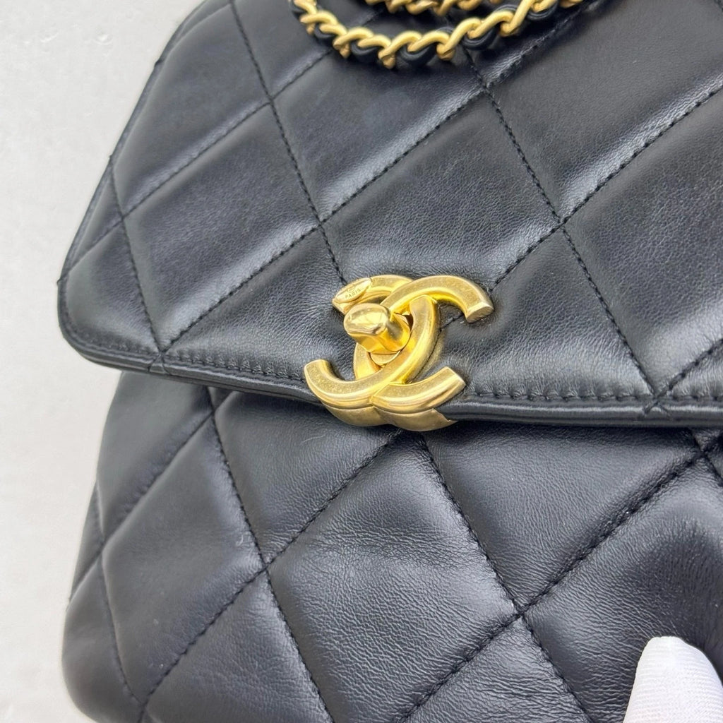 Chanel Diamond Chain Backpack Black Gold Women Classic