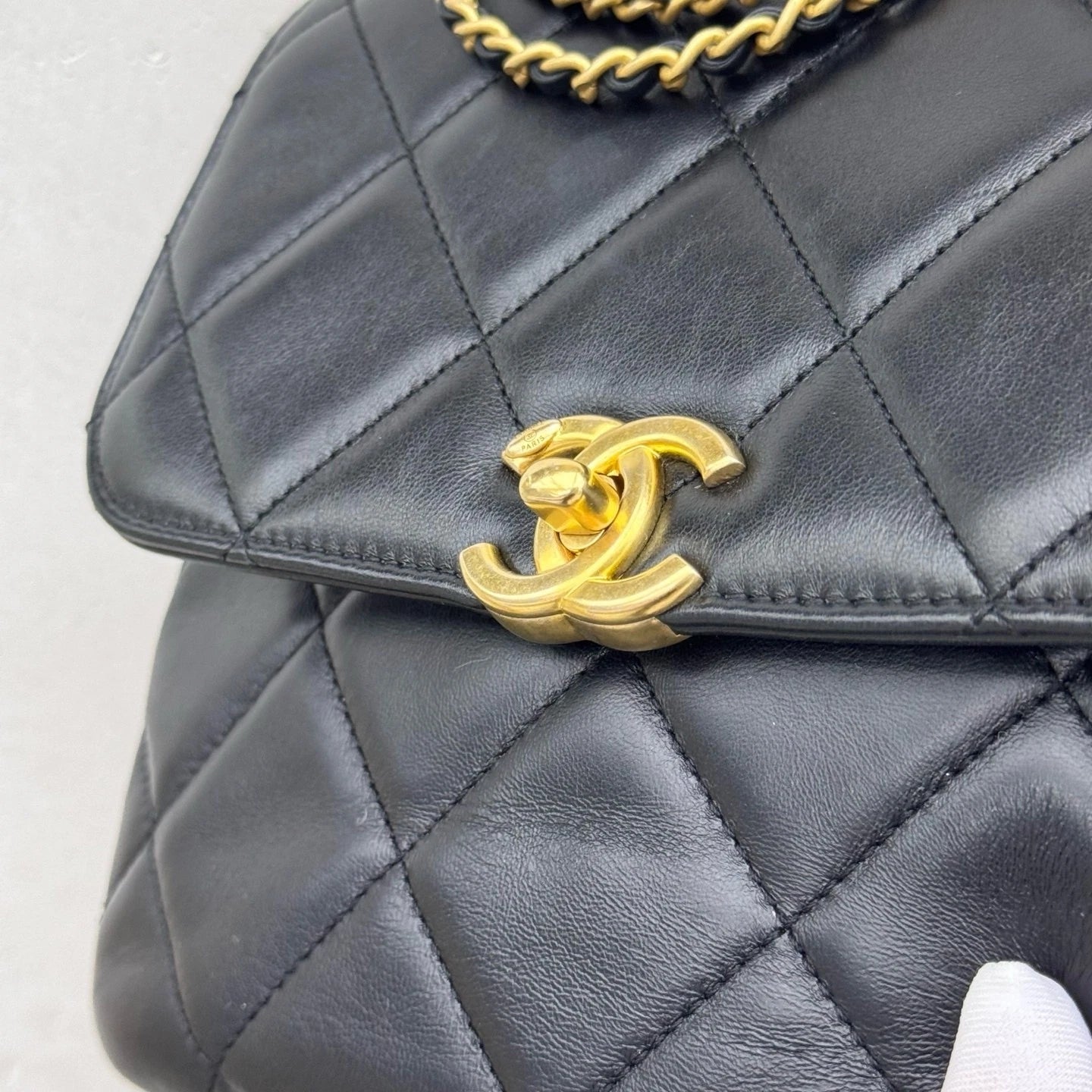 Chanel Diamond Chain Backpack Black Gold Women Classic