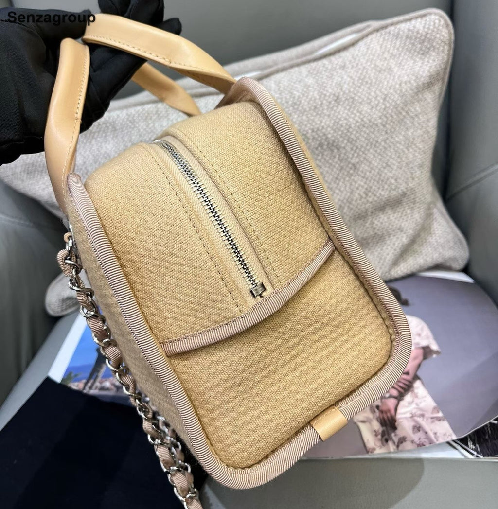 Chanel Bolide Beach Bag Chain Top Handle Shoulder Bag Beige Silver Women Classic