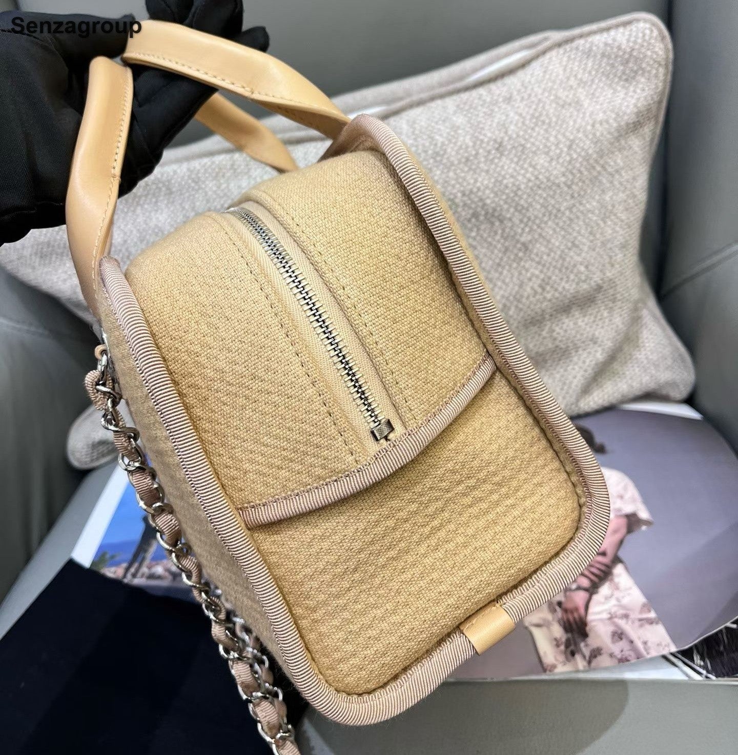 Chanel Bolide Beach Bag Chain Top Handle Shoulder Bag Beige Silver Women Classic
