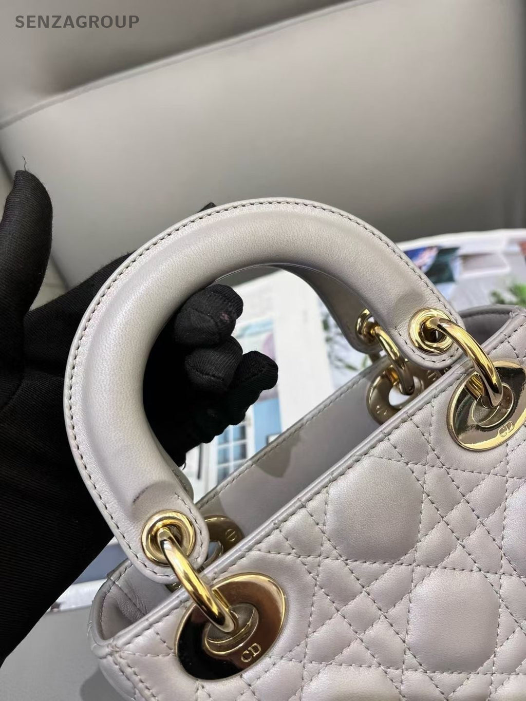Christian Dior Lady Top Handle 2way Shoulder Handbag Gray Gold Women