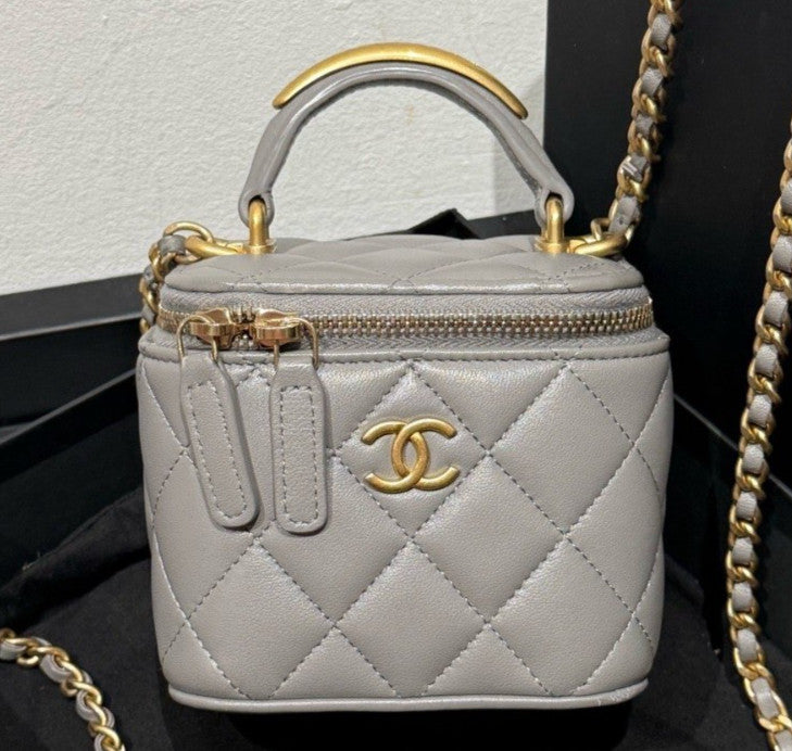 Chanel Vanity Case Chain Shoulder Bag Crossbody Gray Gold Diamond Women Classic