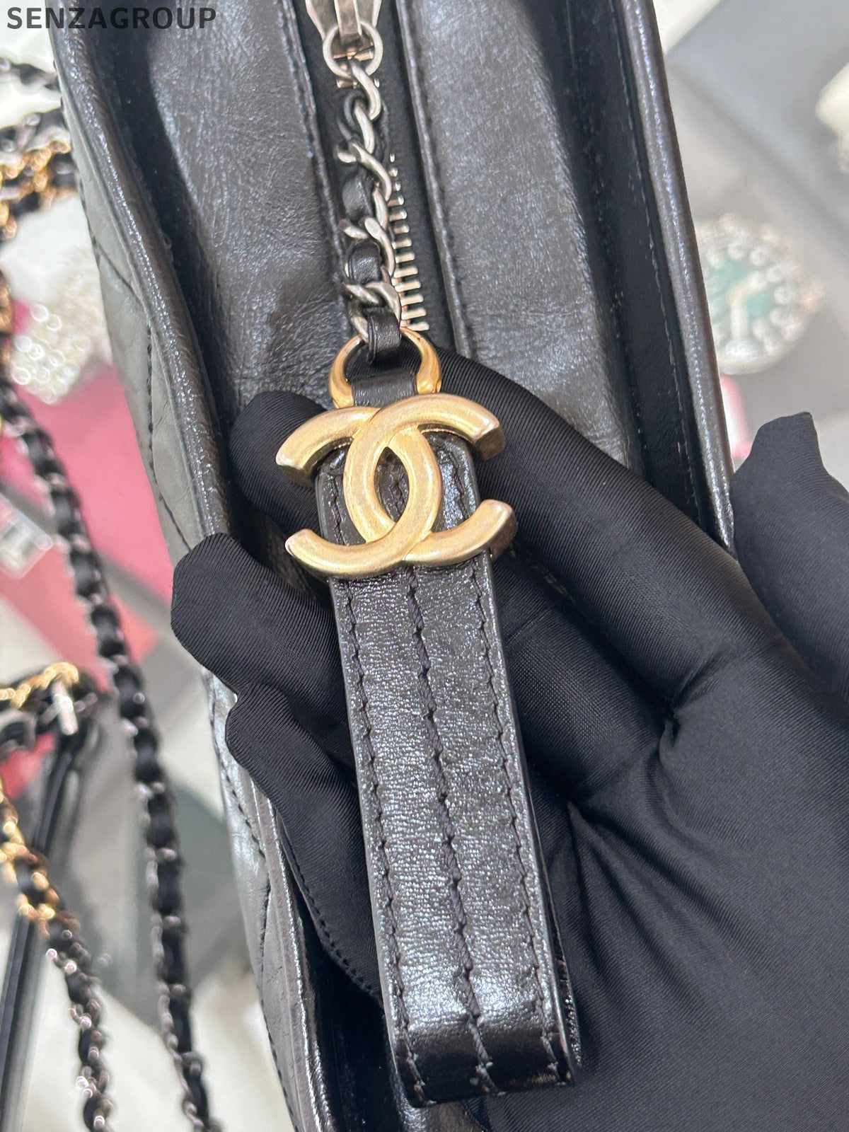 Chanel Small Gabrielle Hobo Bag Black Gold Chevron Chain Shoulder Crossbody