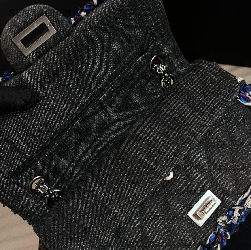 Chanel Denim Chain 2Way Shoulder Bag Crossbody Black Blue Women Classic