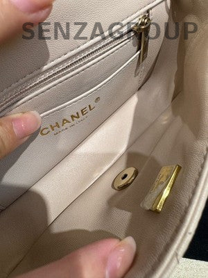 Chanel Classic Flap Mini Beige Quilted Chain Crossbody Bag Gold Hardware