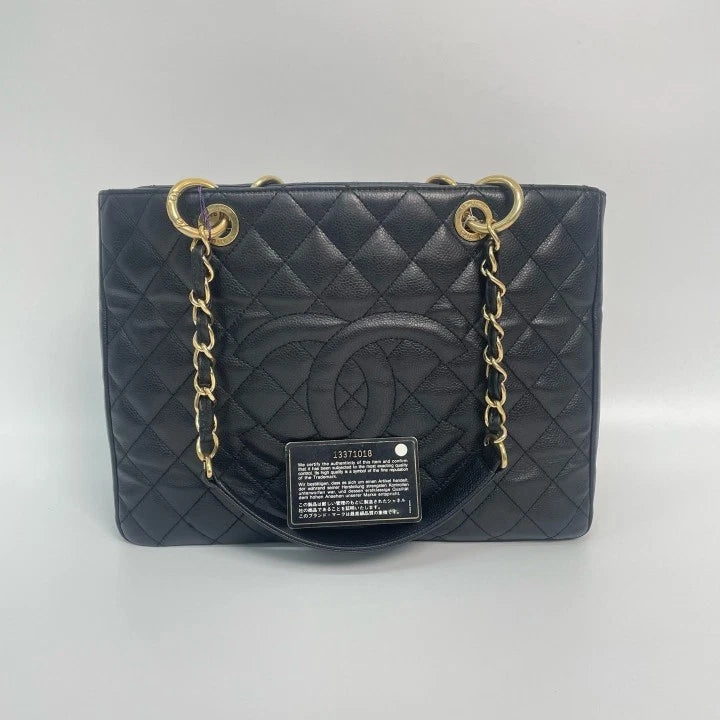 CHANEL GST Medium Black Gold Leather Tote Bag For Women