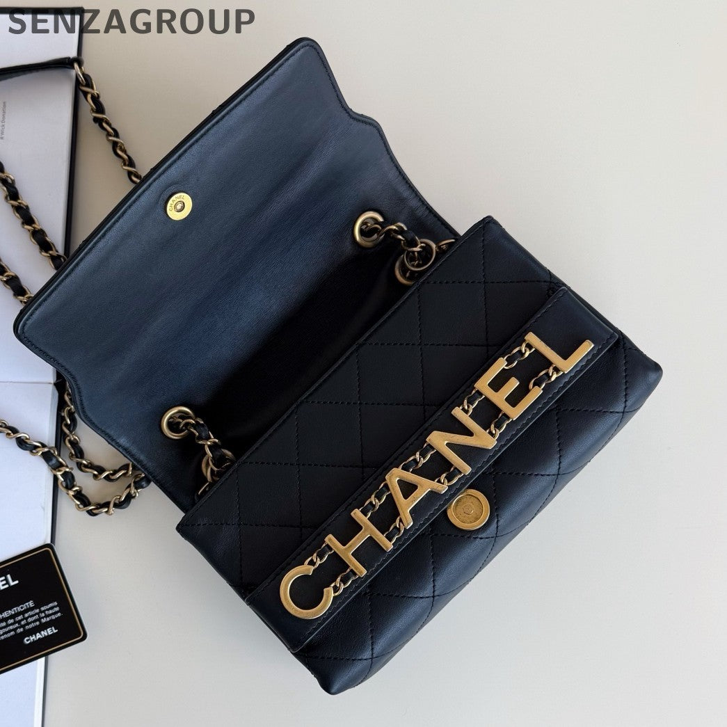Chanel Classic Flap Chain Shoulder Bag Black Gold Women Fashion