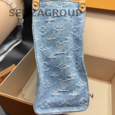 Louis Vuitton Denim Tote Small Blue Gold Handbag Shoulder Bag Classic Women