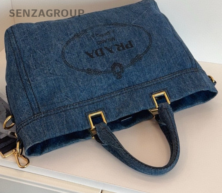 Prada Denim Tote 2Way Top Handle Bag Shoulder Bag Blue Gold Women Classic