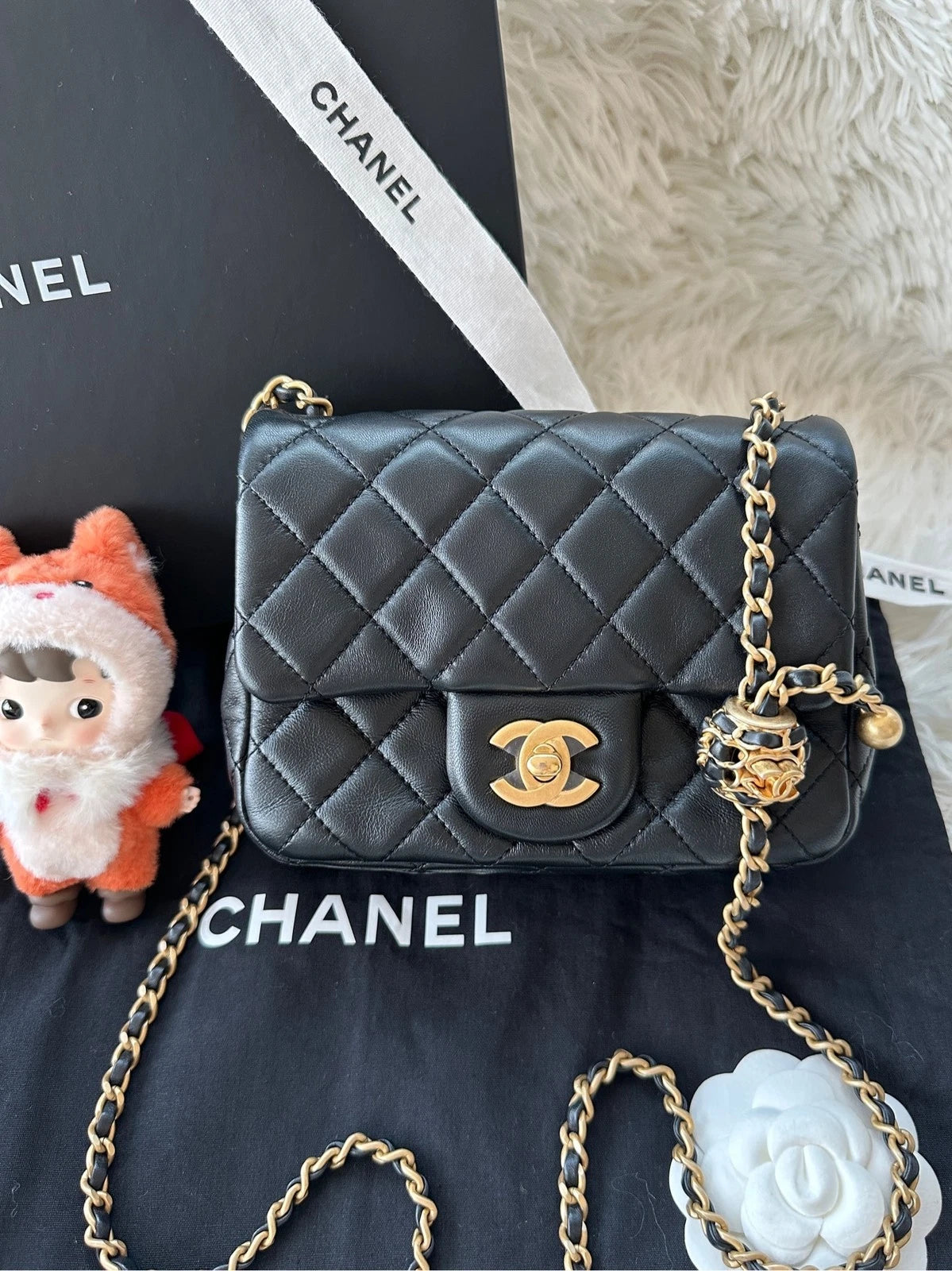CHANEL Black Lambskin Gold Chain Square Crossbody Bag For Women