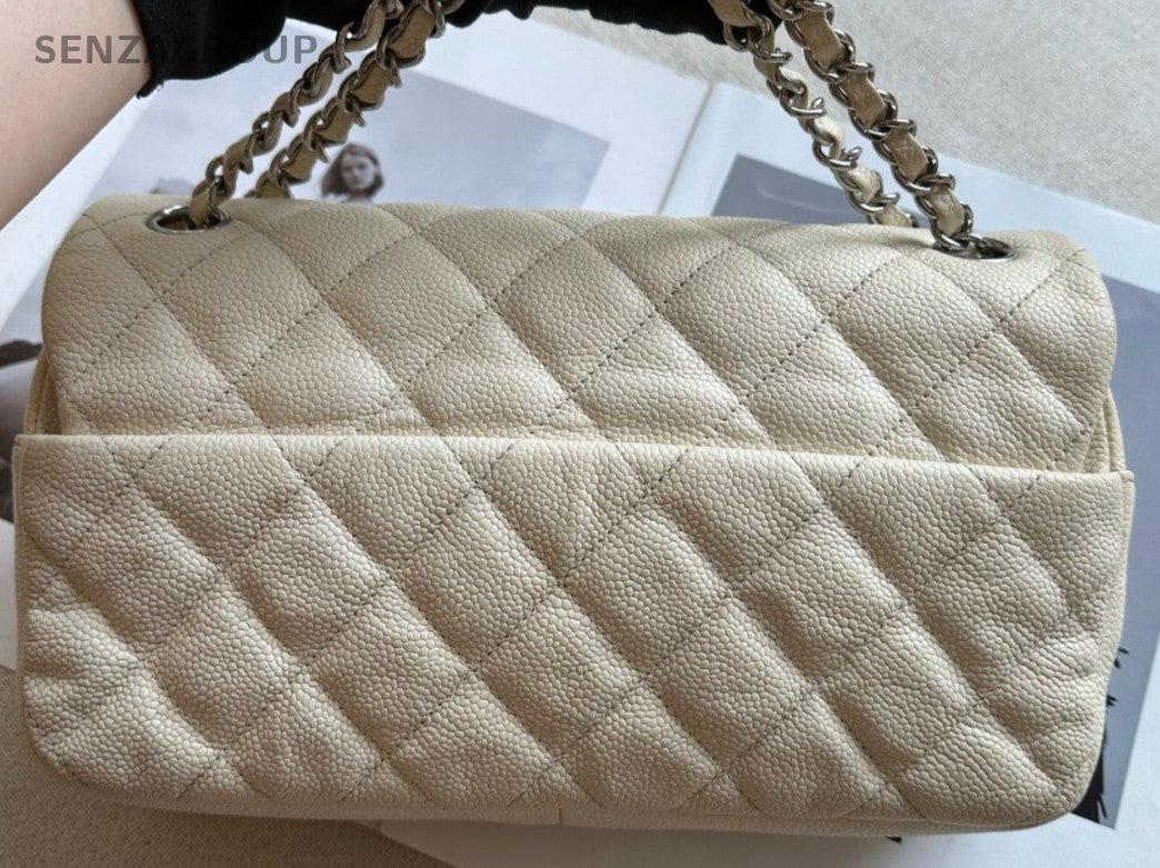 Chanel Classic Flap Calfskin Chain Shoulder Bag Ivory Silver Women Designer