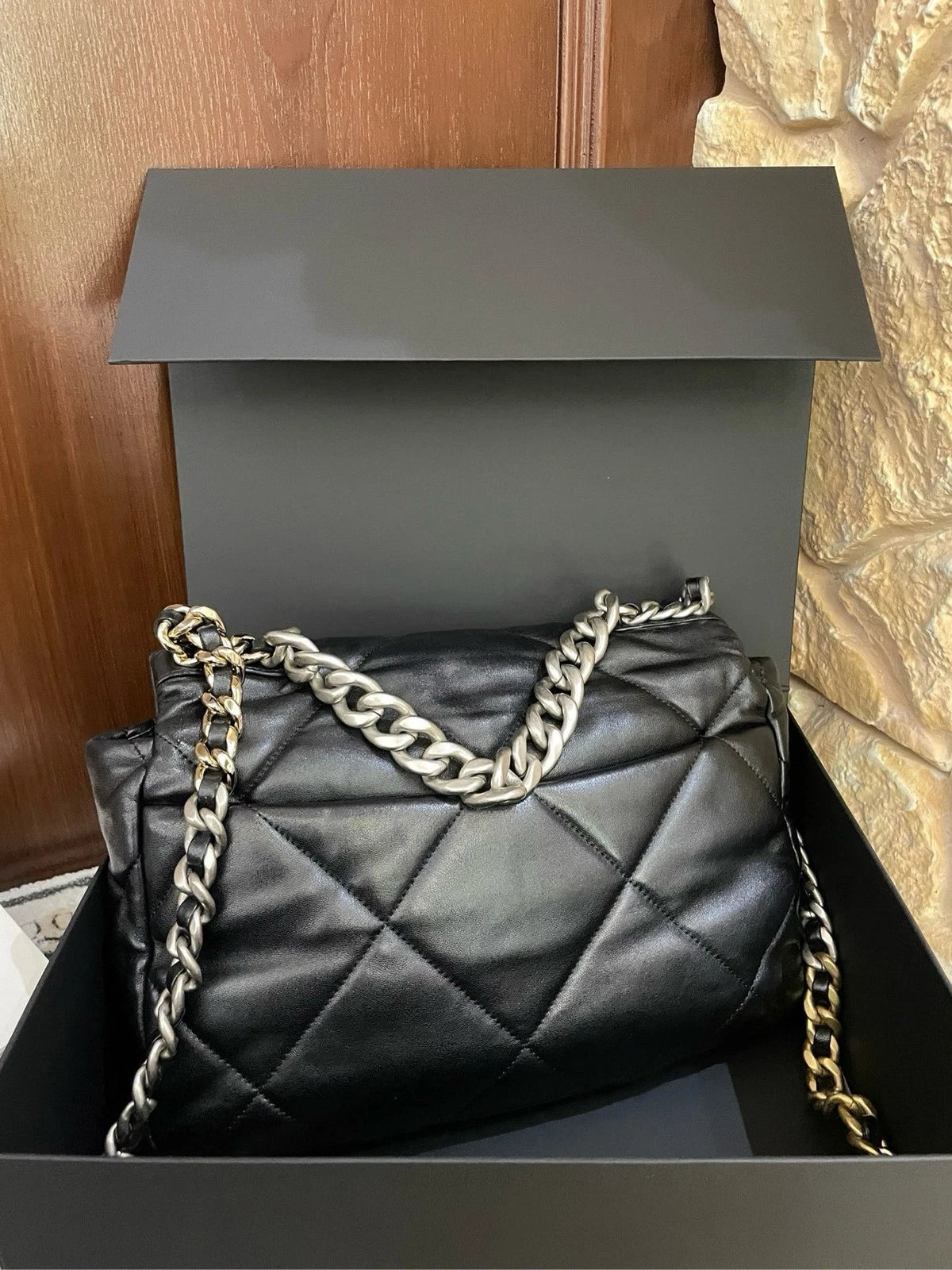 CHANEL 19 Medium Black Silver Hardware Shoulder Handbag for Women